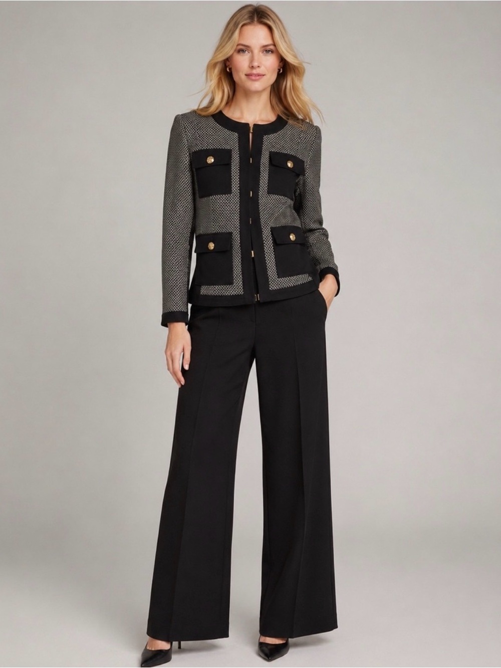 White House Black Market Black and Cream Textured Stylist Jacket